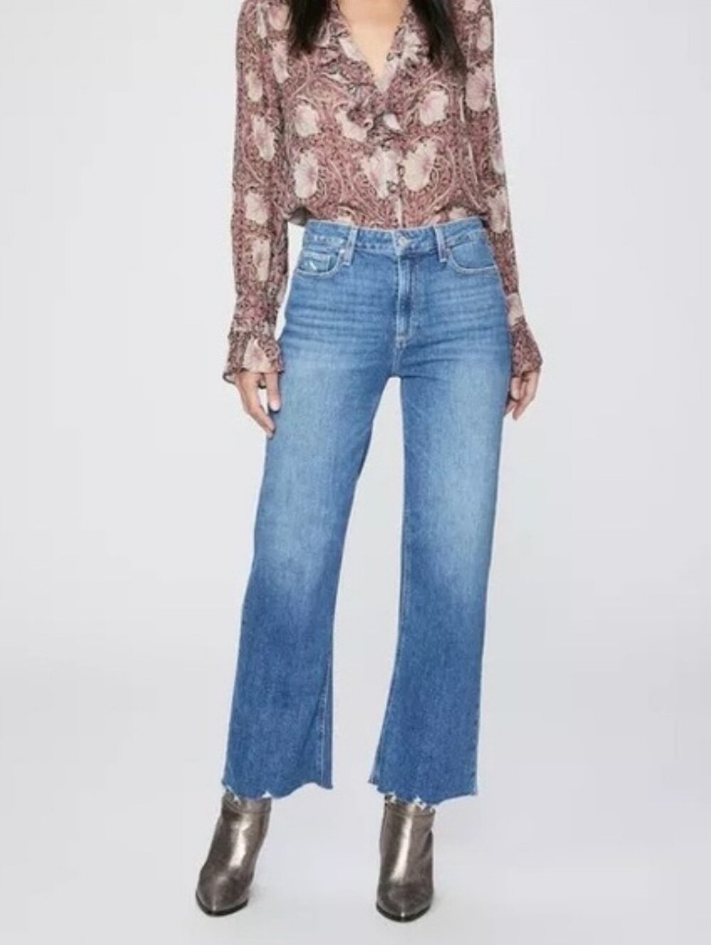 PAIGE Leenah Ankle Jeans Size 30 Charming Distressed Wide Leg Raw Hem